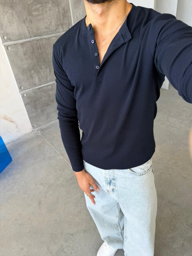 Henley Yaka Fitilli Uzun Kol M - LACİVERT