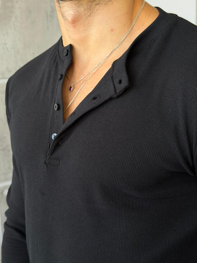 Henley Yaka Fitilli Uzun Kol M - SİYAH