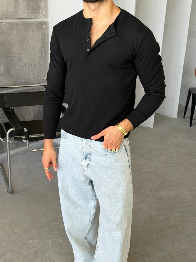 Henley Yaka Fitilli Uzun Kol M - SİYAH