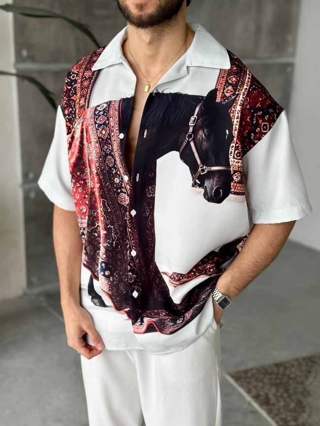 Horse Desenli Dubble Hürrem Kumaş Oversize Gömlek T