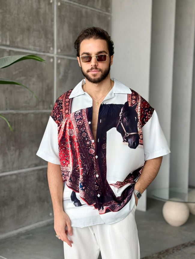 Horse Desenli Dubble Hürrem Kumaş Oversize Gömlek T