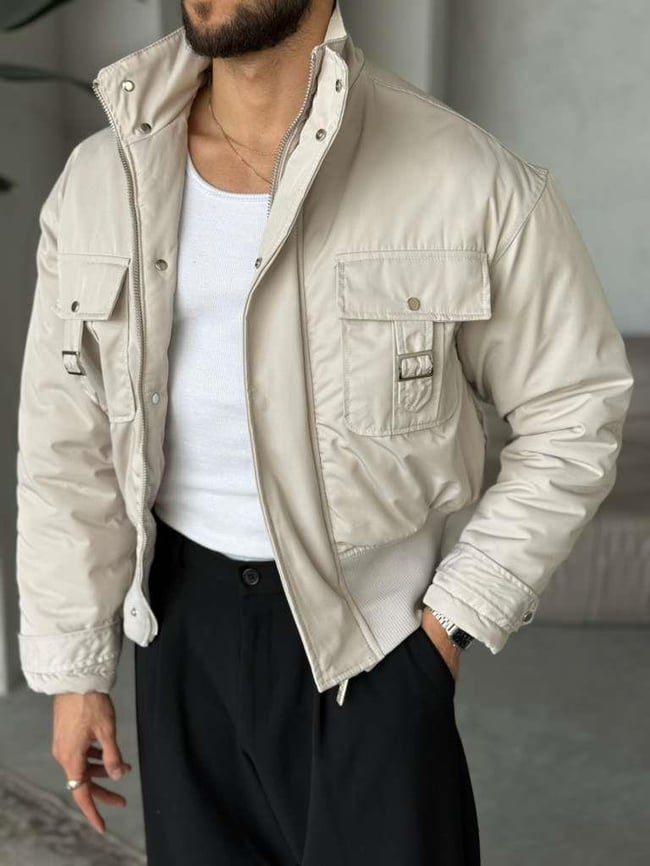 İnter Crop Kesim Cepli Mont - Bej