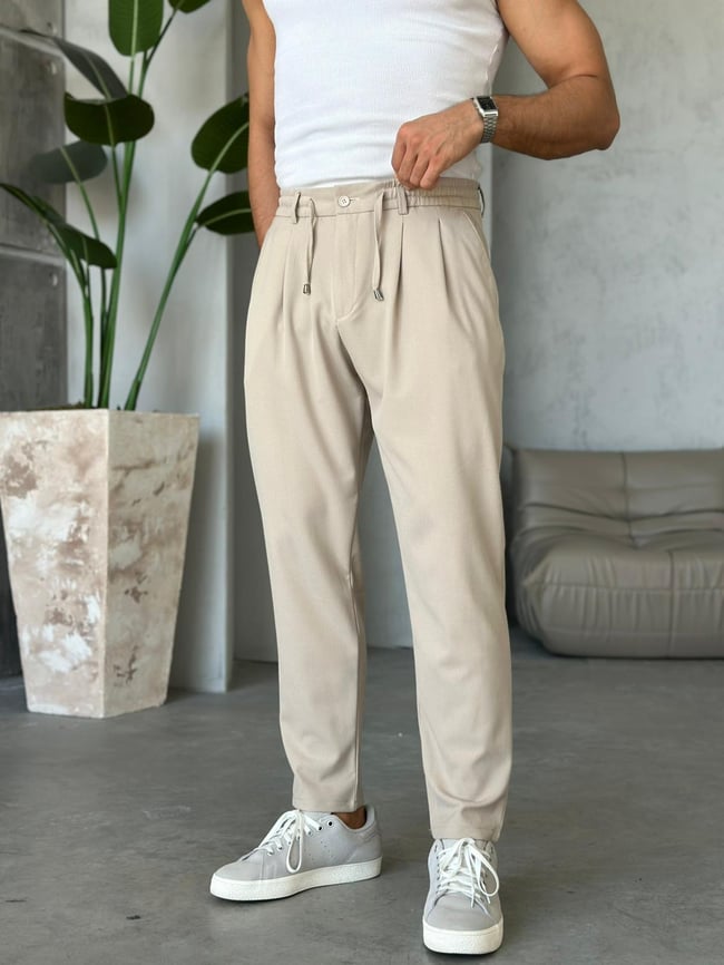 İp Pileli Jogger Pantolon Krem
