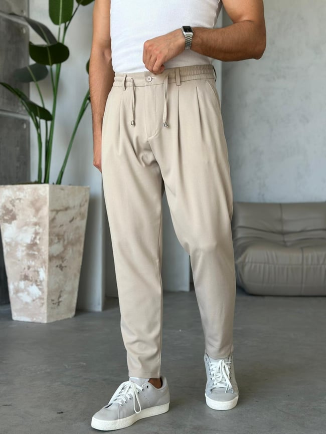 İp Pileli Jogger Pantolon Krem