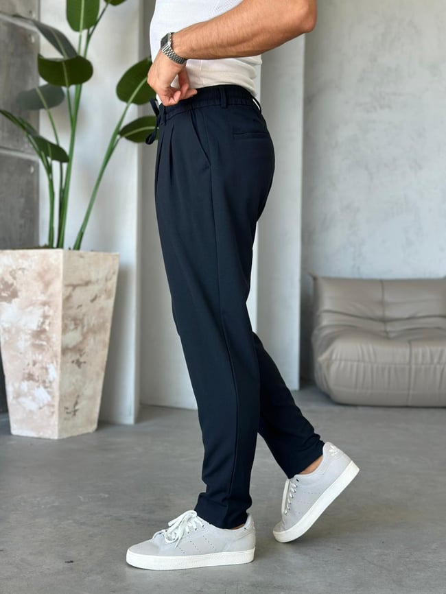 İp Pileli Jogger Pantolon Lacivert