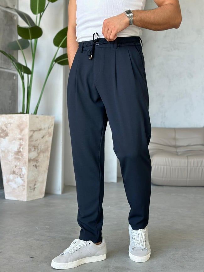 İp Pileli Jogger Pantolon Lacivert