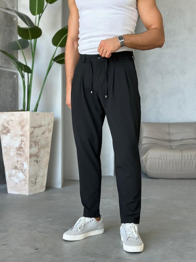 İp Pileli Jogger Pantolon Siyah