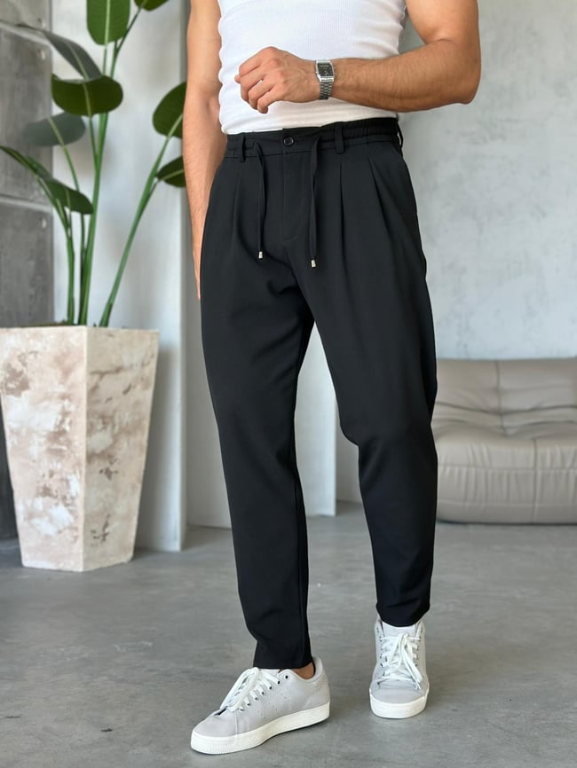 İp Pileli Jogger Pantolon Siyah