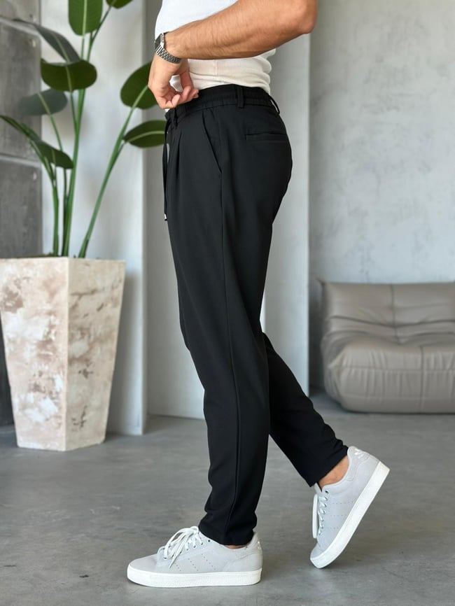 İp Pileli Jogger Pantolon Siyah