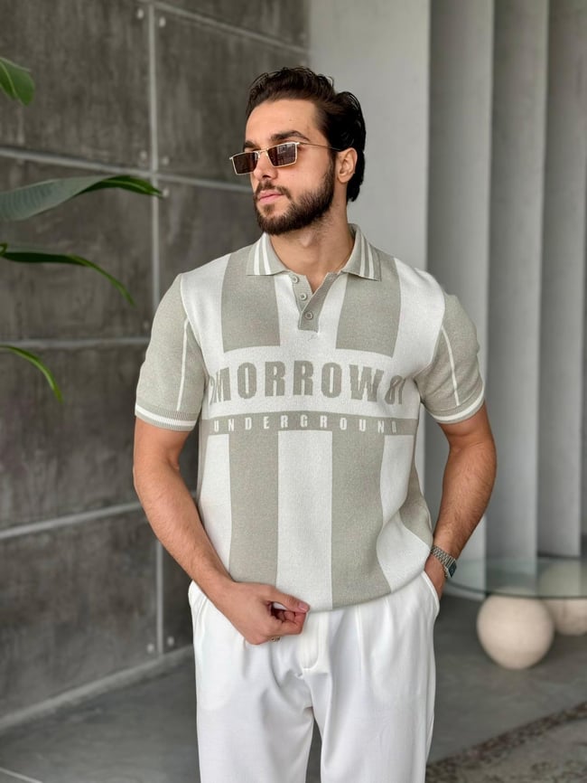 Jersey Polo Yaka Triko T - Taş & Beyaz