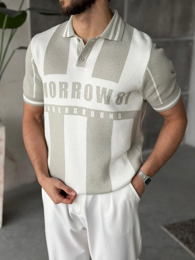 Jersey Polo Yaka Triko T - Taş & Beyaz