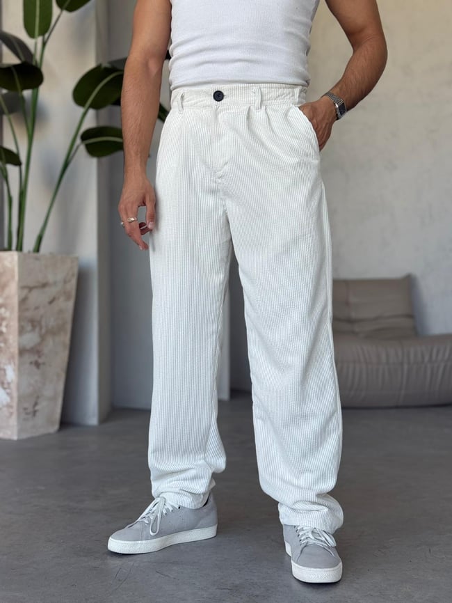 Kadife Baggy Pantolon Beyaz