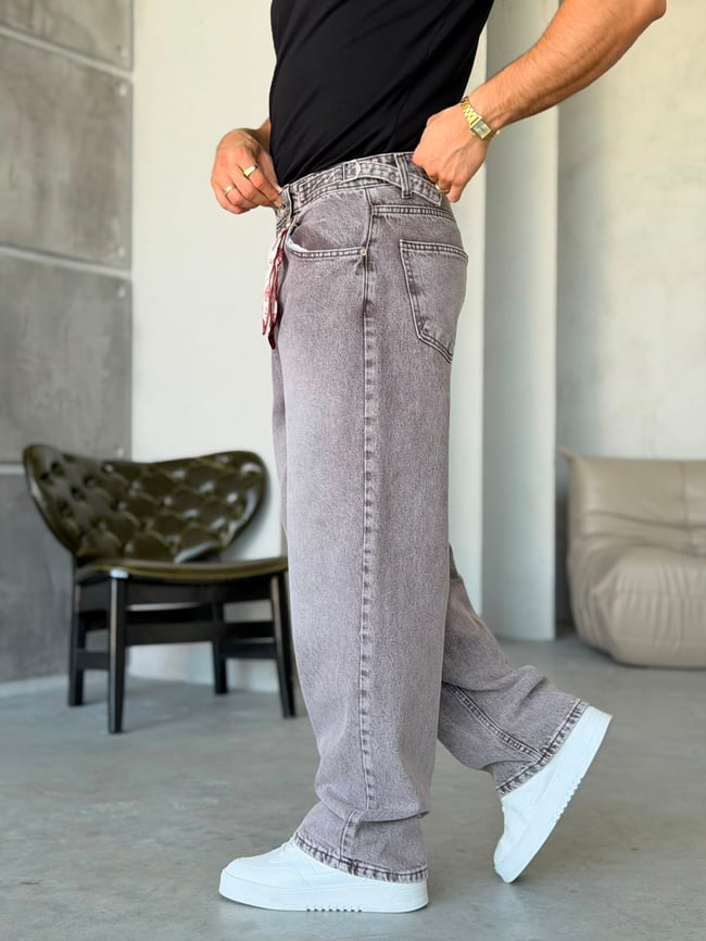 Kahve Yıkamalı Aksesuar Kemer Detaylı Baggy Kot Pantolon w