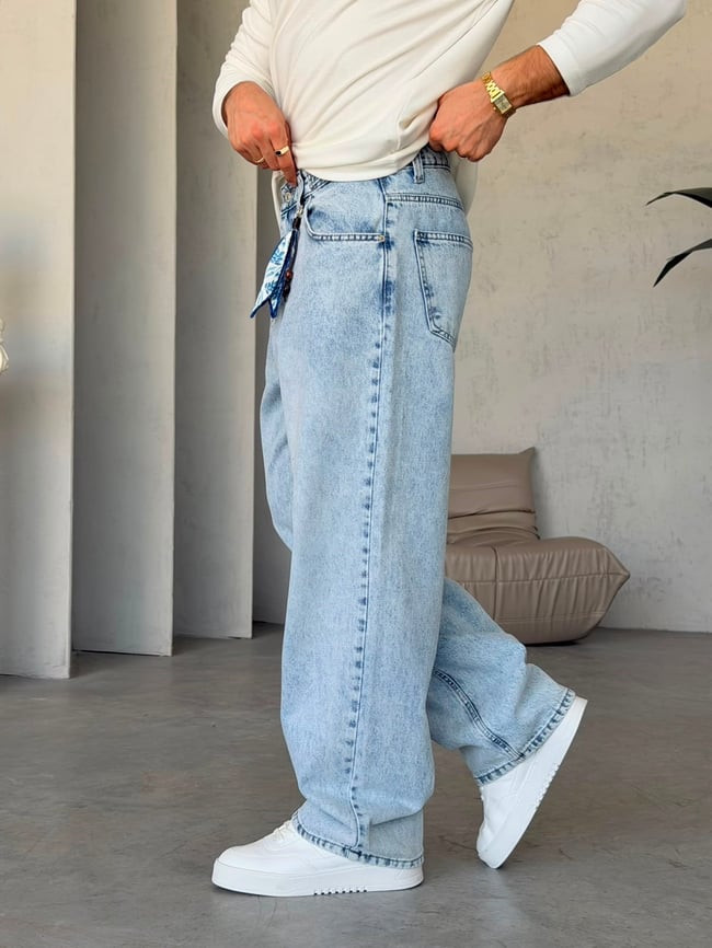 Kar Yıkamalı Aksesuar Kemer Detaylı Baggy Kot Pantolon w