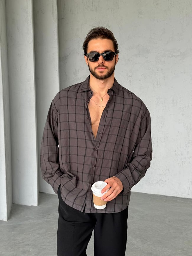 Kareli Line Modal Kumaş Oversize Gömlek G - Siyah