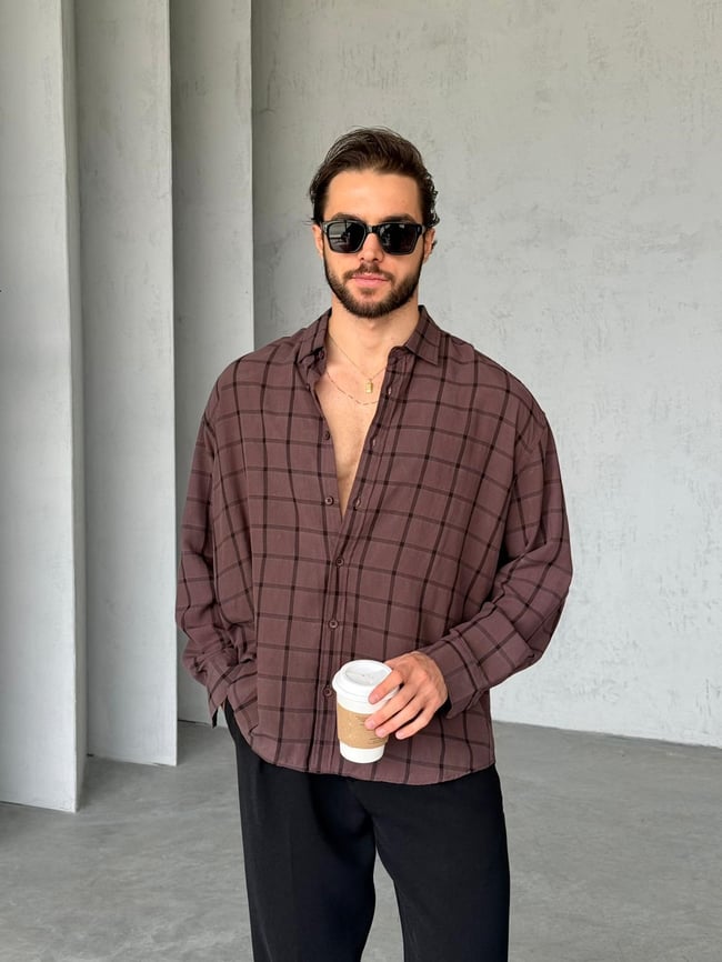 Kareli Line Modal Kumaş Oversize Gömlek G - Kahve