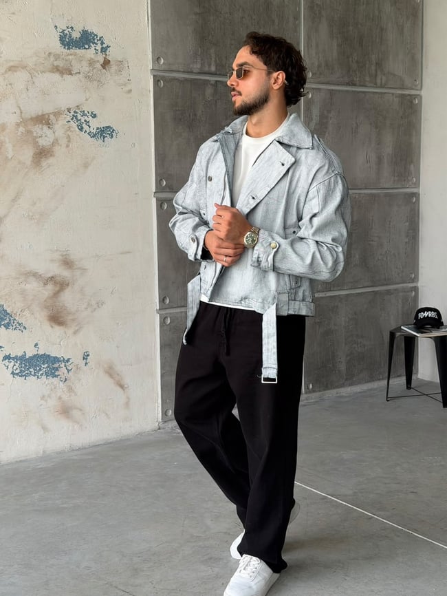 Kemer Detaylı Oversize Biker Kumaş Kot Ceket T