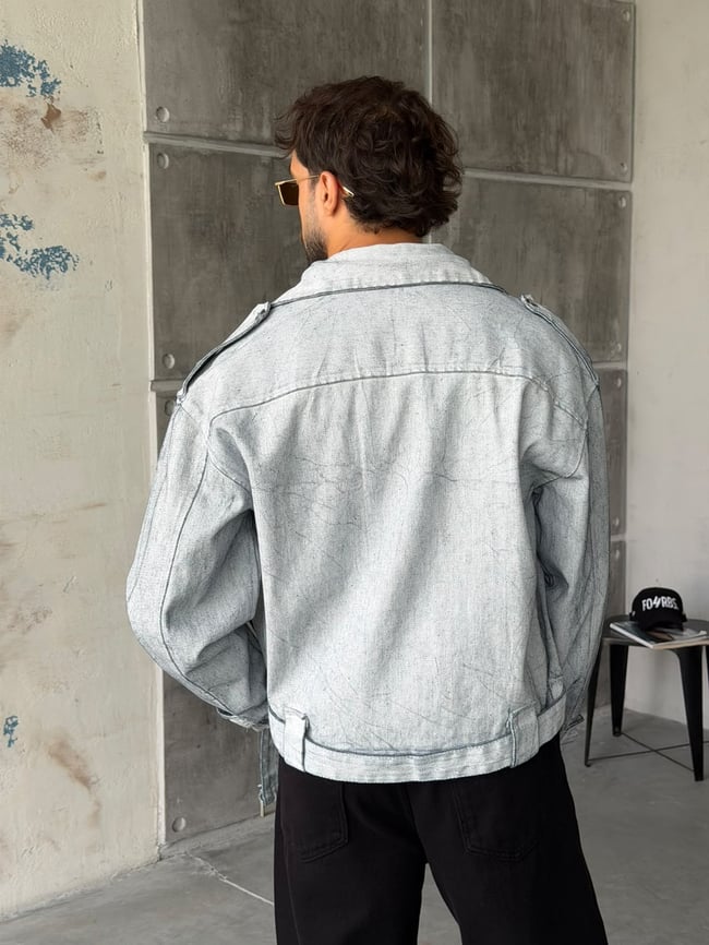 Kemer Detaylı Oversize Biker Kumaş Kot Ceket T