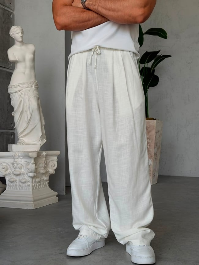KETEN KUMAL BAGGY PİLELİ PANTOLON K - BEYAZ