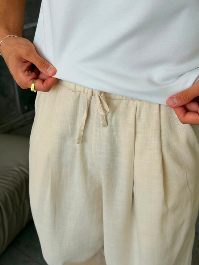 KETEN KUMAL BAGGY PİLELİ PANTOLON K - BEJ