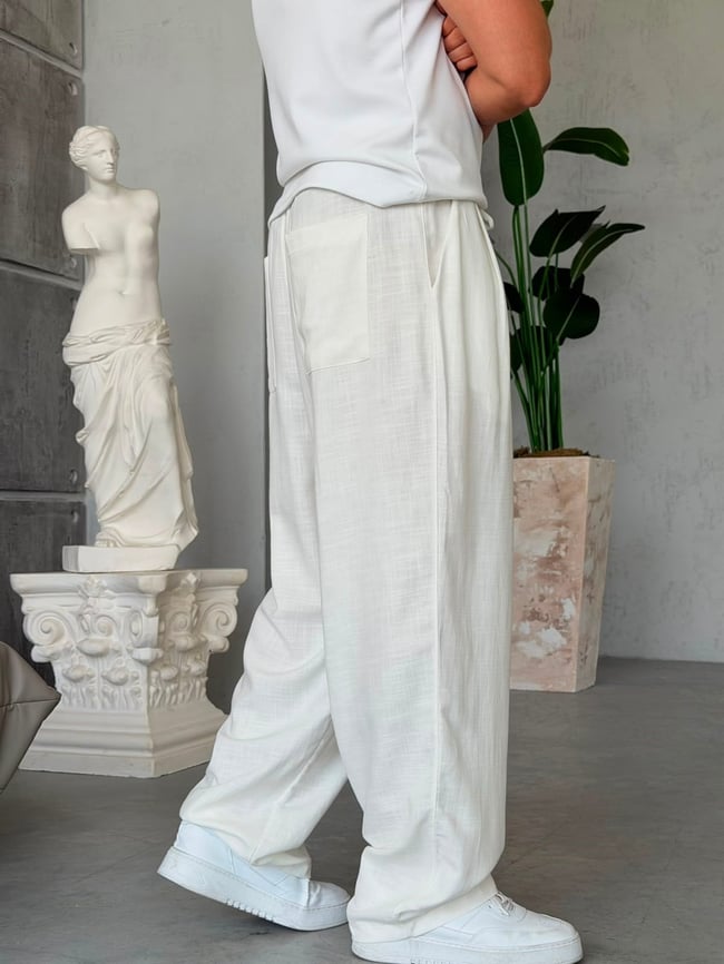 KETEN KUMAL BAGGY PİLELİ PANTOLON K - BEYAZ
