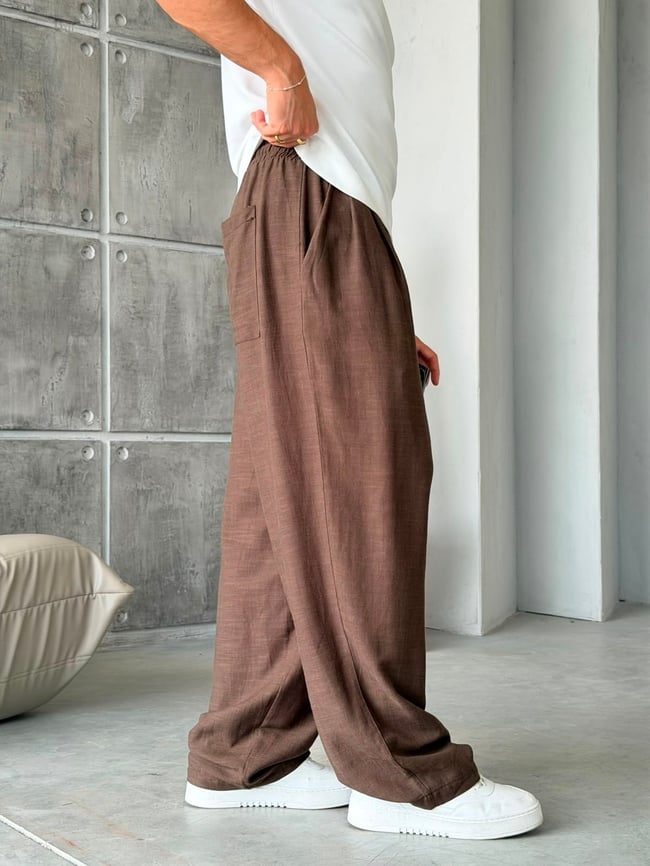KETEN KUMAL BAGGY PİLELİ PANTOLON K - KAHVERENGİ