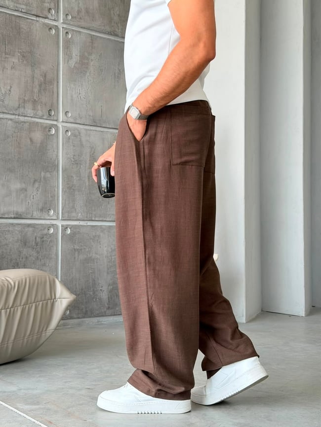 KETEN KUMAL BAGGY PİLELİ PANTOLON K - KAHVERENGİ