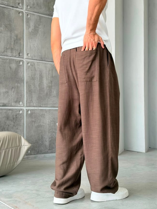 KETEN KUMAL BAGGY PİLELİ PANTOLON K - KAHVERENGİ