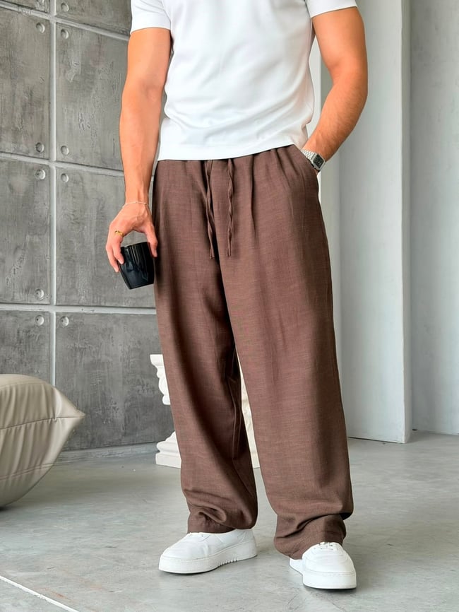 KETEN KUMAL BAGGY PİLELİ PANTOLON K - KAHVERENGİ