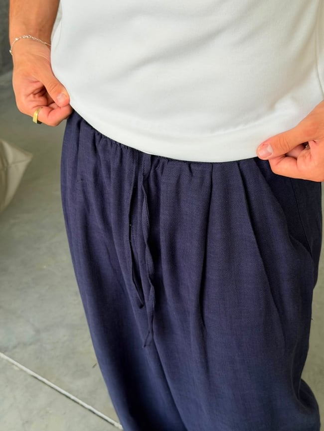 KETEN KUMAL BAGGY PİLELİ PANTOLON K - LACİVERT