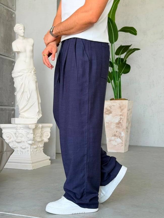 KETEN KUMAL BAGGY PİLELİ PANTOLON K - LACİVERT