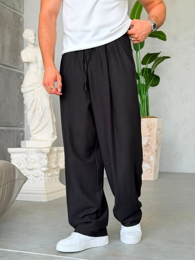 KETEN KUMAL BAGGY PİLELİ PANTOLON K - SİYAH