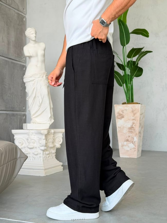 KETEN KUMAL BAGGY PİLELİ PANTOLON K - SİYAH