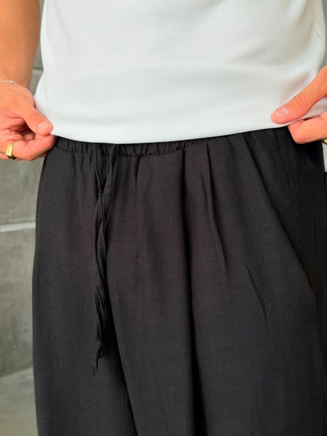 KETEN KUMAL BAGGY PİLELİ PANTOLON K - SİYAH