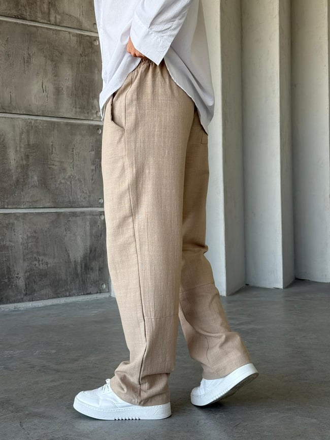 Keten Kumaş Baggy Pantolon - Bej