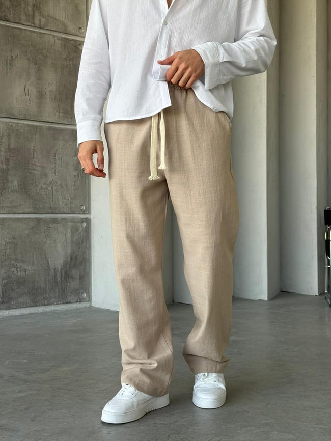 Keten Kumaş Baggy Pantolon - Bej