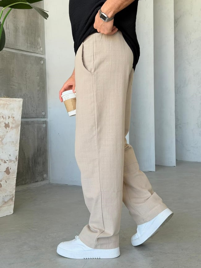 Keten Kumaş Baggy Pantolon - Bej