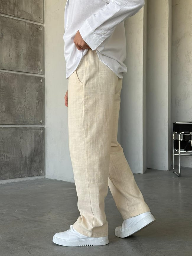 Keten Kumaş Baggy Pantolon - Krem