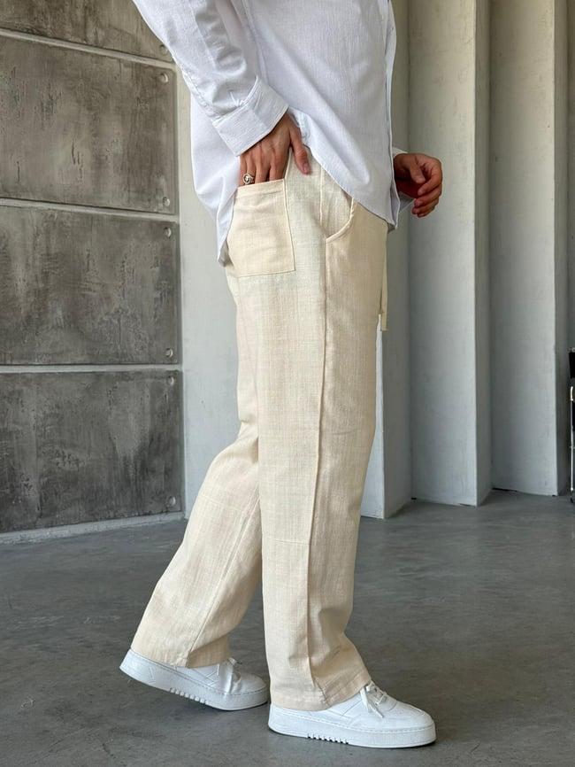 Keten Kumaş Baggy Pantolon - Krem