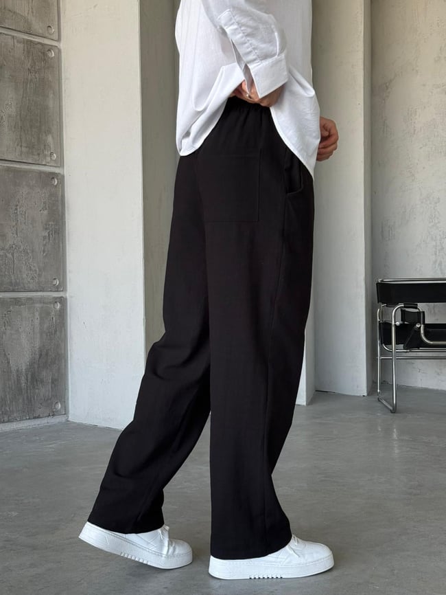 Keten Kumaş Baggy Pantolon - Siyah