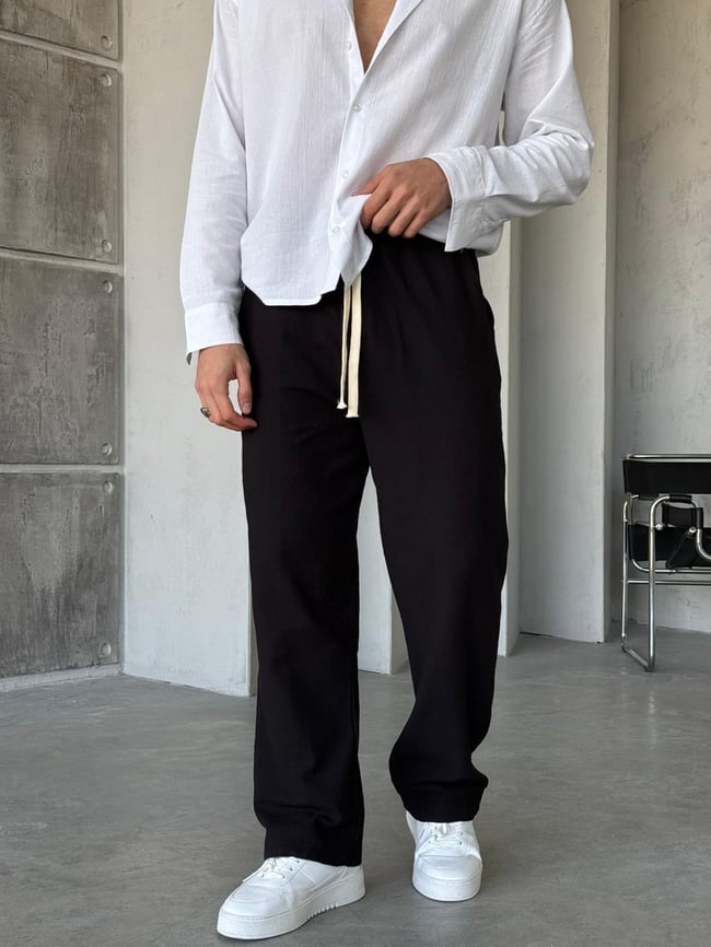 Keten Kumaş Baggy Pantolon - Siyah