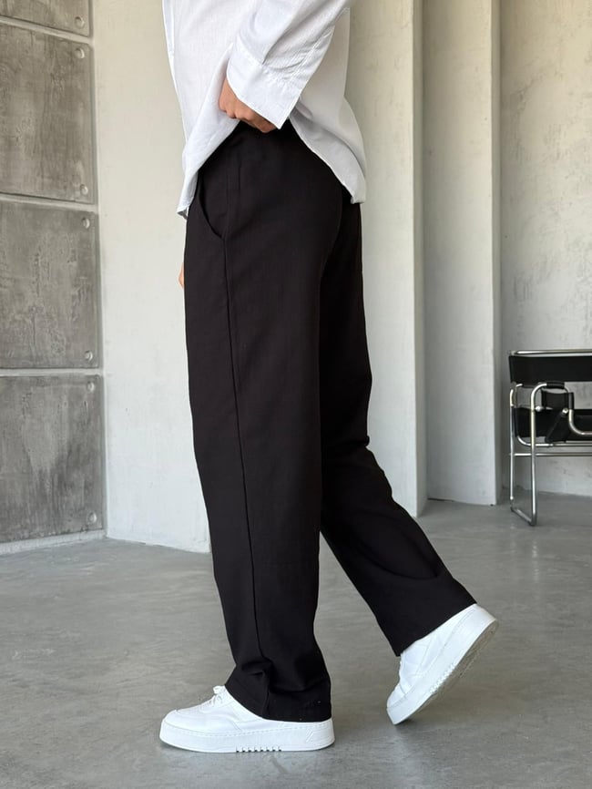 Keten Kumaş Baggy Pantolon - Siyah