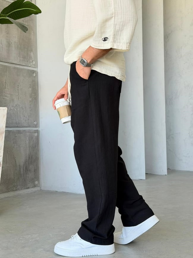Keten Kumaş Baggy Pantolon - Siyah