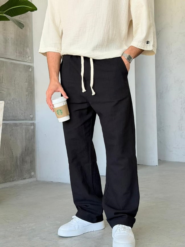 Keten Kumaş Baggy Pantolon - Siyah