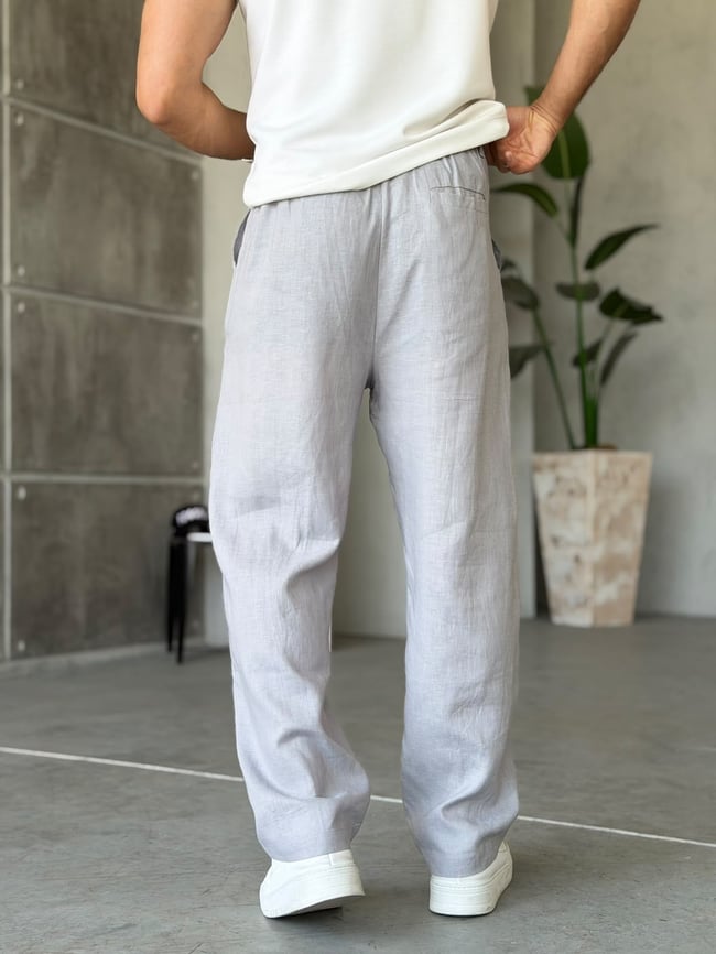 Keten Kumaş Pileli Baggy Pantolon T Gri