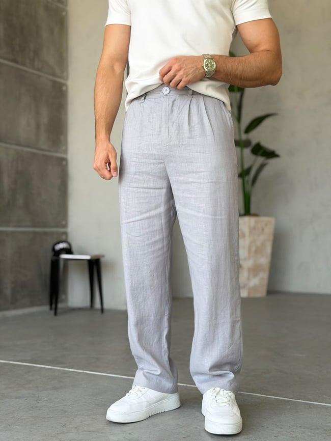 Keten Kumaş Pileli Baggy Pantolon T Gri