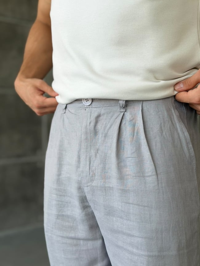 Keten Kumaş Pileli Baggy Pantolon T Gri