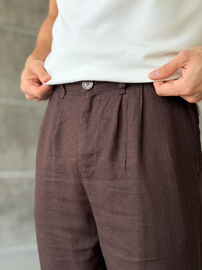 Keten Kumaş Pileli Baggy Pantolon T Kahverengi