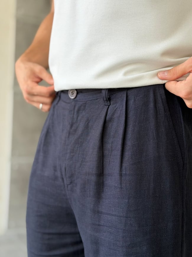 Keten Kumaş Pileli Baggy Pantolon T Koyu Lacivert