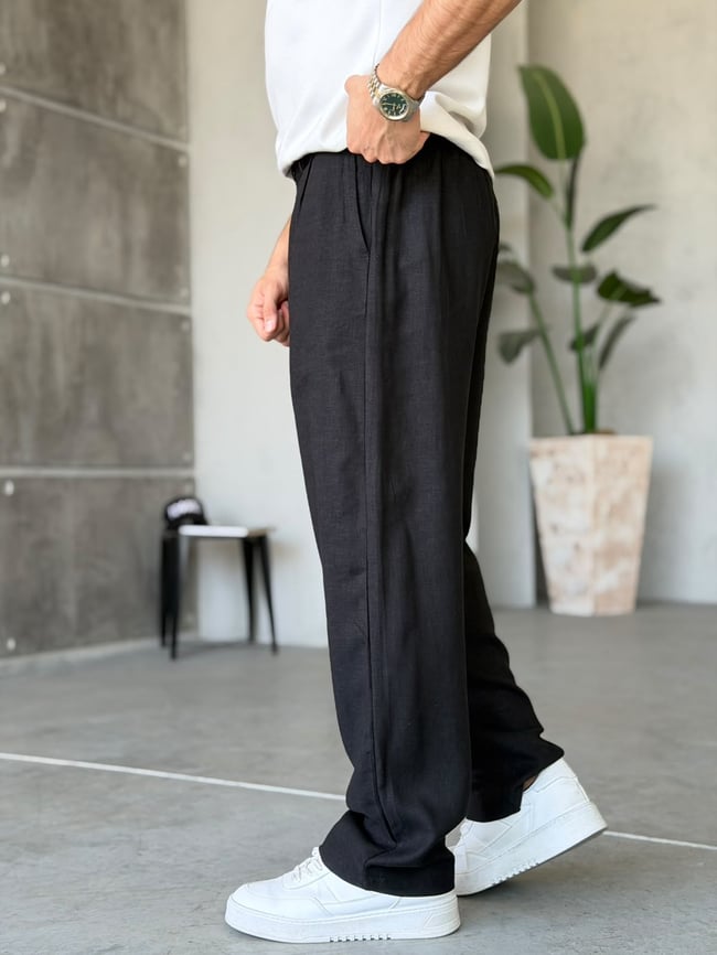 Keten Kumaş Pileli Baggy Pantolon T Siyah
